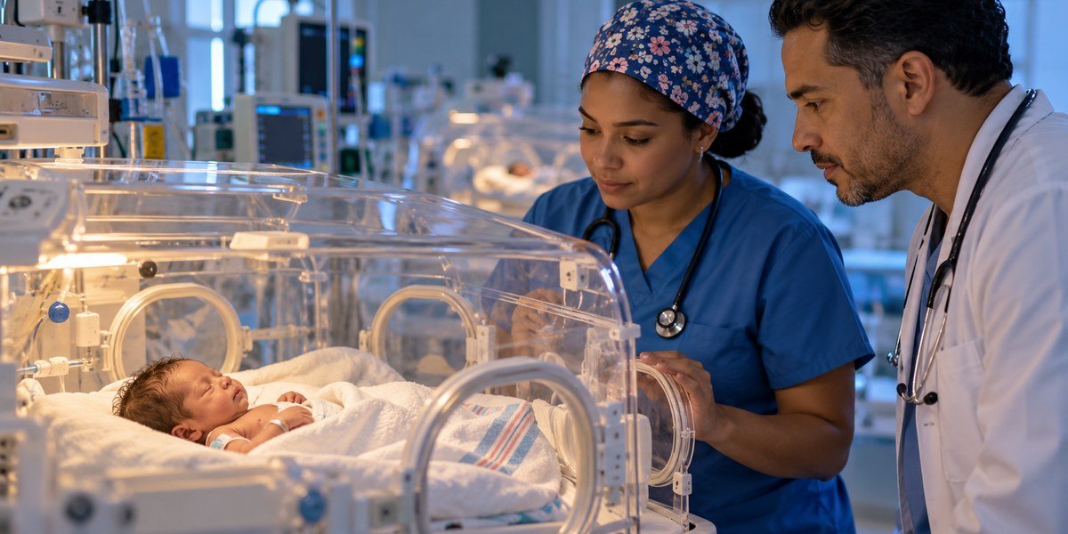 Ilustración generada con IA de una enfermera y un médico junto a una incubadora en una unidad de neonatología