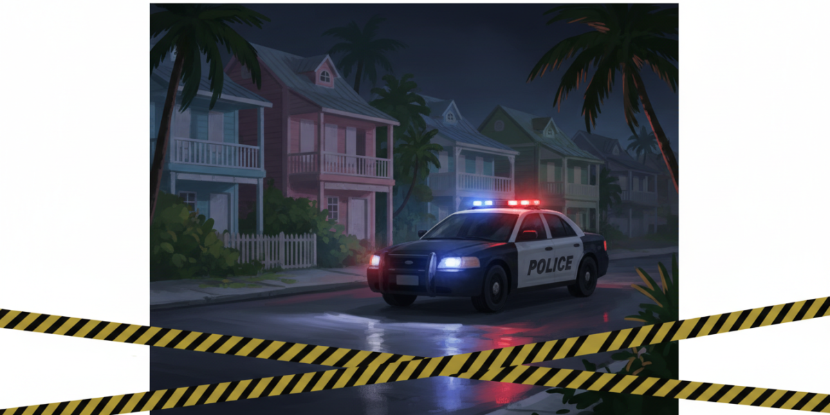 Ilustración de una patrulla policial con luces encendidas y cinta de seguridad en una calle de noche