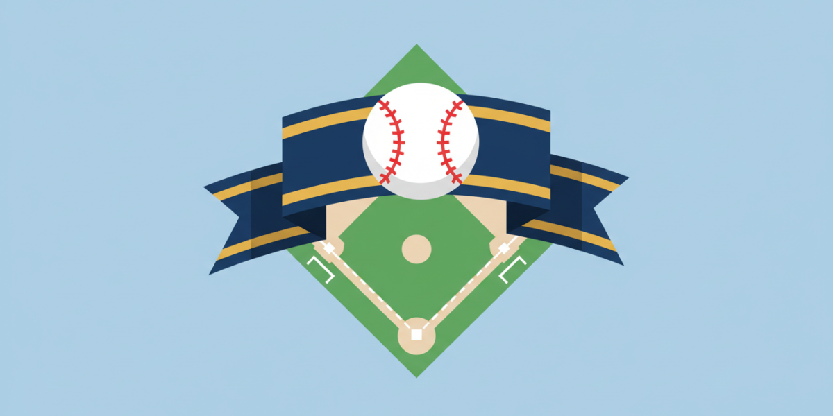 Ilustración de una pelota de béisbol sobre un banderín y un diamante de juego