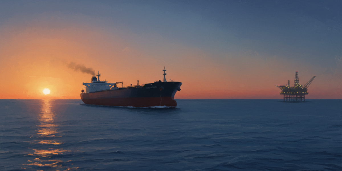 Ilustración de un buque petrolero en alta mar al atardecer, con una plataforma petrolera al fondo