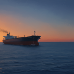 Ilustración de un buque petrolero en alta mar al atardecer, con una plataforma petrolera al fondo