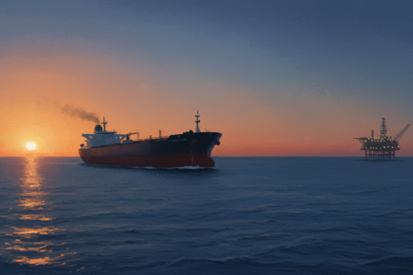 Ilustración de un buque petrolero en alta mar al atardecer, con una plataforma petrolera al fondo