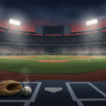 Ilustración de un estadio de béisbol iluminado de noche con una pelota y un guante sobre el home
