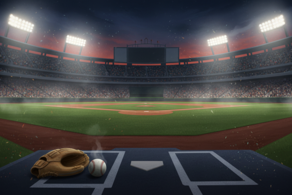 Ilustración de un estadio de béisbol iluminado de noche con una pelota y un guante sobre el home