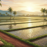 Gobierno iniciará negociaciones con EE.UU. para proteger producción nacional de arroz Ilustración de campos de arroz en la campiña dominicana con sacos de arroz cosechado