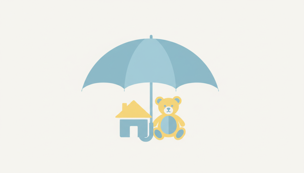 Ilustración de un paraguas que protege una casa y un oso de peluche