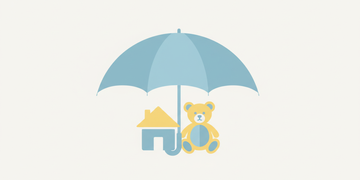 Ilustración de un paraguas que protege una casa y un oso de peluche