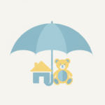 Ilustración de un paraguas que protege una casa y un oso de peluche