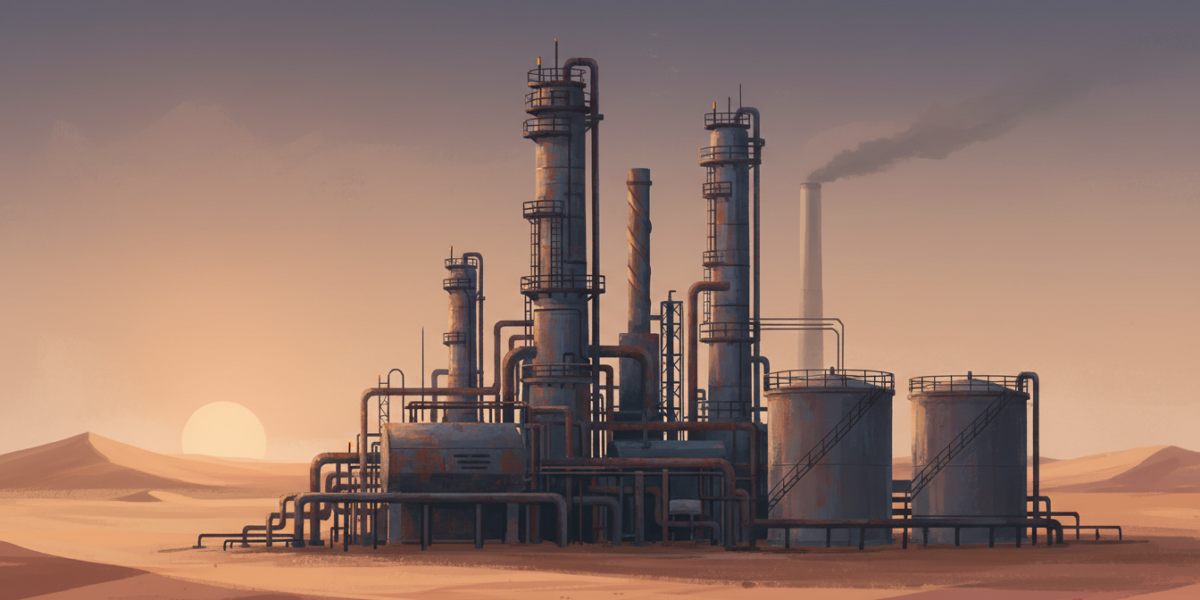 Ilustración de una refinería en el desierto al atardecer con humo a lo lejos