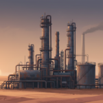 Ilustración de una refinería en el desierto al atardecer con humo a lo lejos