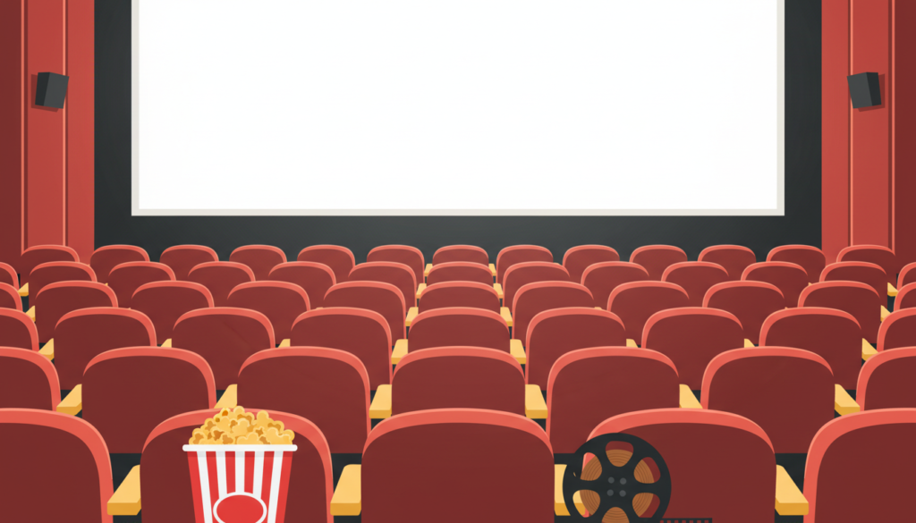 Ilustración de una sala de cine vacía con butacas rojas, palomitas y un rollo de película