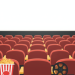 Ilustración de una sala de cine vacía con butacas rojas, palomitas y un rollo de película