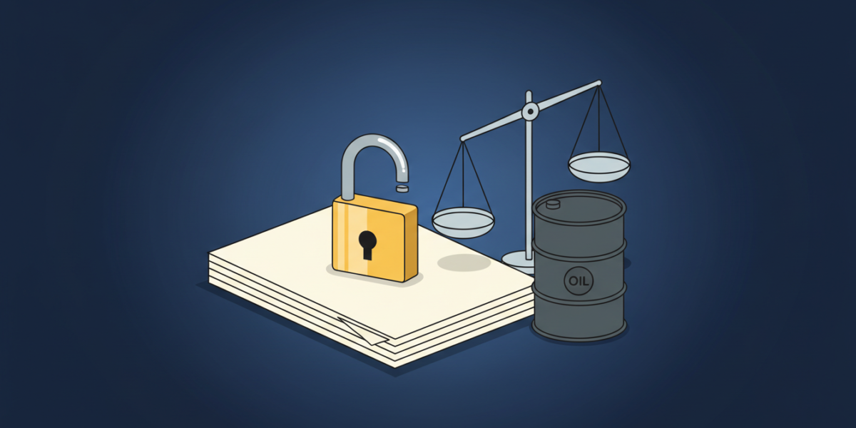 Ilustración conceptual de un candado abierto sobre documentos, junto a una balanza y un barril de petróleo