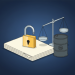 Ilustración conceptual de un candado abierto sobre documentos, junto a una balanza y un barril de petróleo