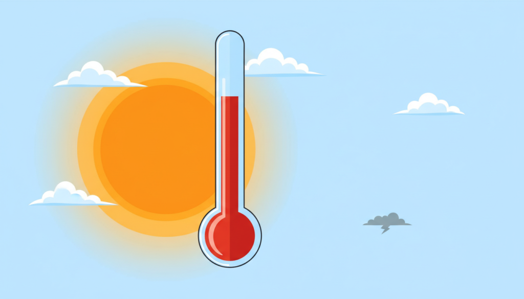 Ilustración de un sol intenso junto a un termómetro con lectura alta