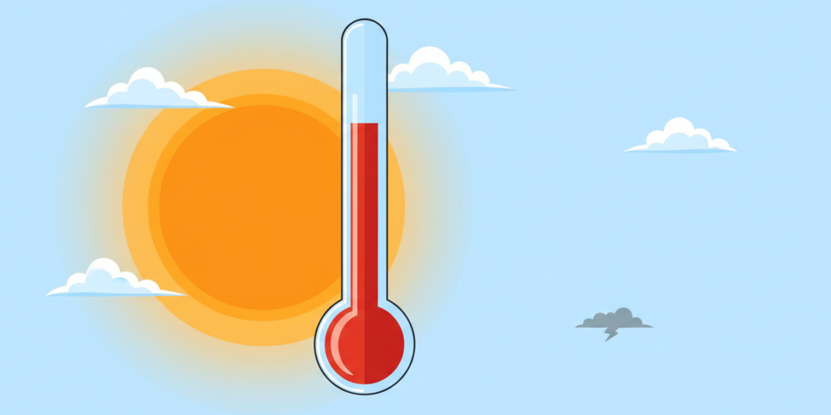 Ilustración de un sol intenso junto a un termómetro con lectura alta