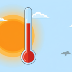 Ilustración de un sol intenso junto a un termómetro con lectura alta