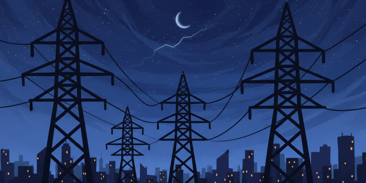 Ilustración de torres de alta tensión de noche sobre una ciudad a oscuras