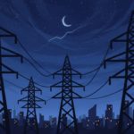 Ilustración de torres de alta tensión de noche sobre una ciudad a oscuras