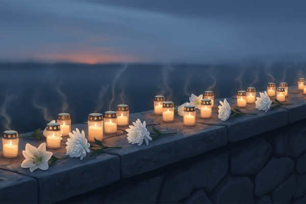 Ilustración de velas encendidas y flores blancas en un memorial al atardecer