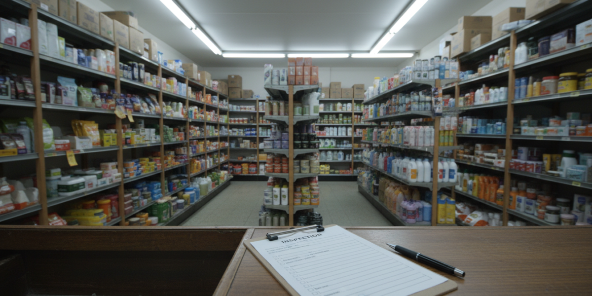 Estantes de un comercio con productos variados y una tabla con un formulario de inspección sobre el mostrador.