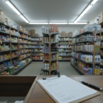 Estantes de un comercio con productos variados y una tabla con un formulario de inspección sobre el mostrador.