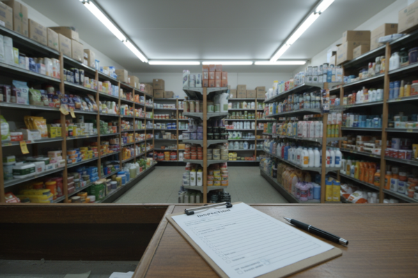 Estantes de un comercio con productos variados y una tabla con un formulario de inspección sobre el mostrador.