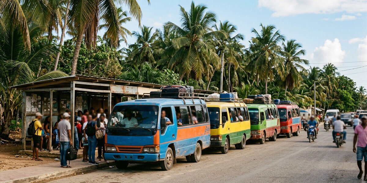 Guaguas de transporte publico estacionadas en una parada en zona turistica del Caribe