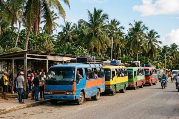 Guaguas de transporte publico estacionadas en una parada en zona turistica del Caribe