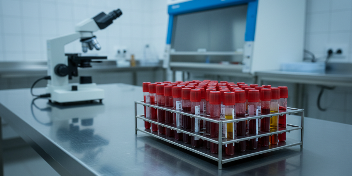Tubos con muestras de sangre en una gradilla sobre la mesa de un laboratorio de bioseguridad
