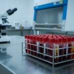 Tubos con muestras de sangre en una gradilla sobre la mesa de un laboratorio de bioseguridad