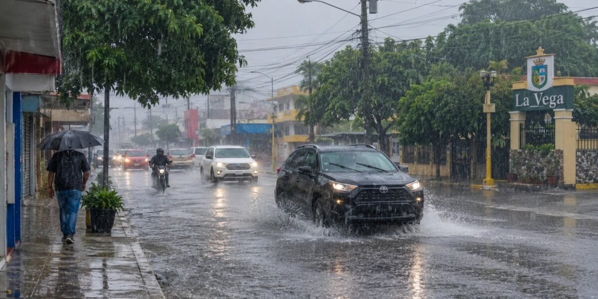 Vehículos y un motorista circulan por una avenida mojada bajo un aguacero junto a un letrero de La Vega; un peatón camina con paraguas por la acera