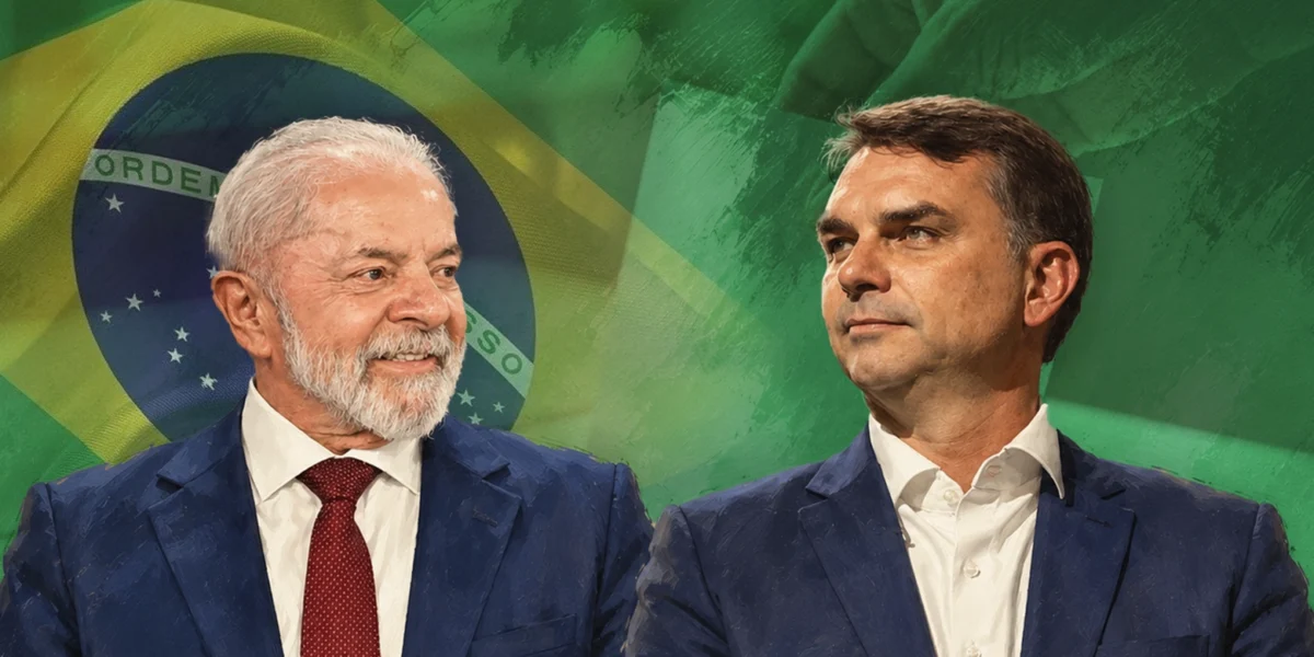 Fotomontaje de Luiz Inácio Lula da Silva y Flávio Bolsonaro, ambos de traje, sobre una bandera de Brasil