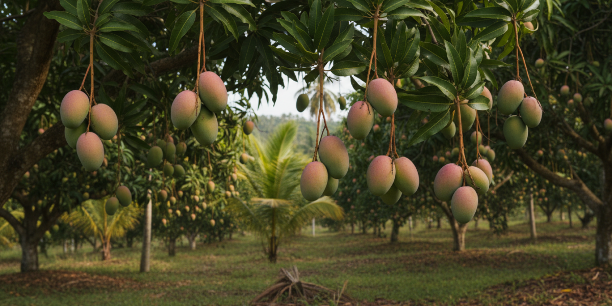 Mangos maduros cuelgan de las ramas de un árbol en una plantación tropical
