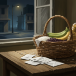 Ilustración de una canasta de alimentos casi vacía junto a facturas, con una calle oscura de noche al fondo