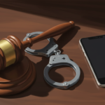 Ilustración: mazo de juez, esposas y un teléfono móvil sobre un escritorio de tribunal