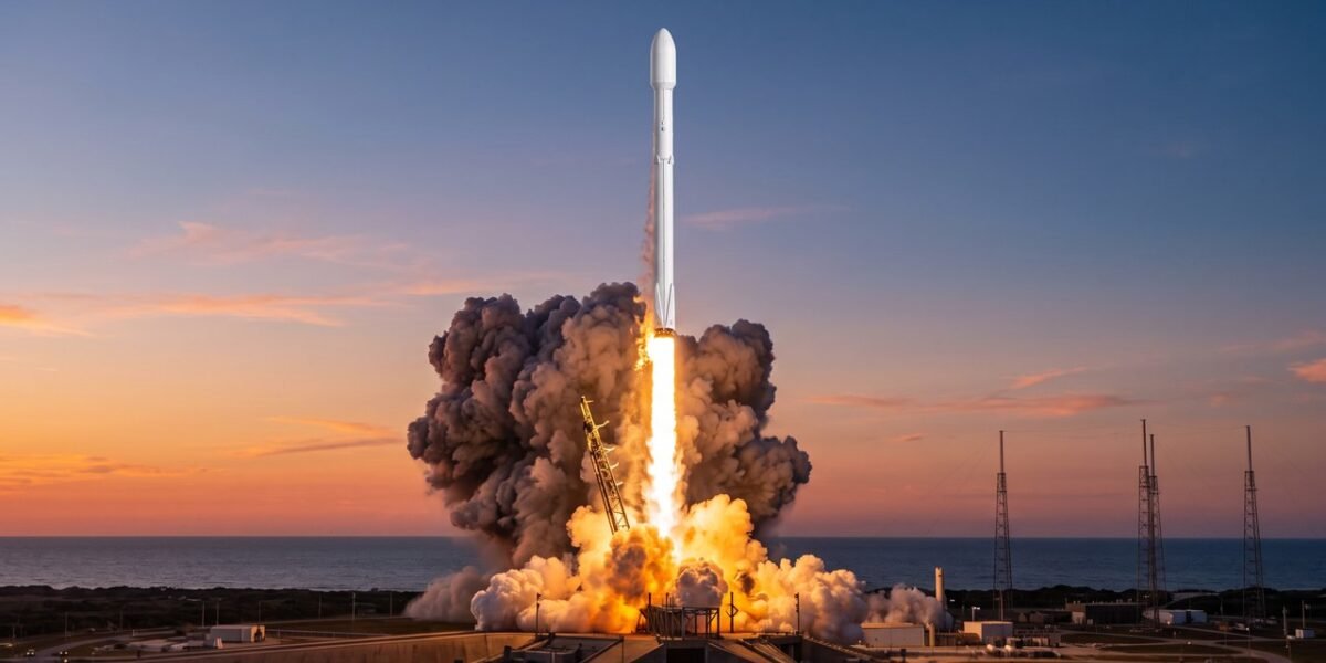Cohete espacial despegando con una gran columna de fuego al amanecer