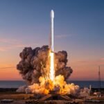 NASA y SpaceX logran el viaje más rápido hacia la Estación Espacial Cohete espacial despegando con una gran columna de fuego al amanecer