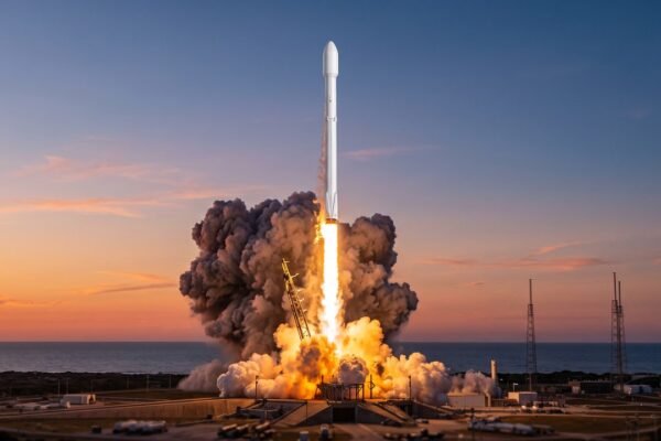Cohete espacial despegando con una gran columna de fuego al amanecer