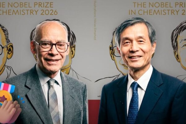 Montaje con los químicos Henri Kagan y Kenso Soai delante de los retratos ilustrados del anuncio del Nobel de Química 2026