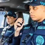 Dos agentes de la Policía Nacional dentro de una patrulla; uno habla por radio.