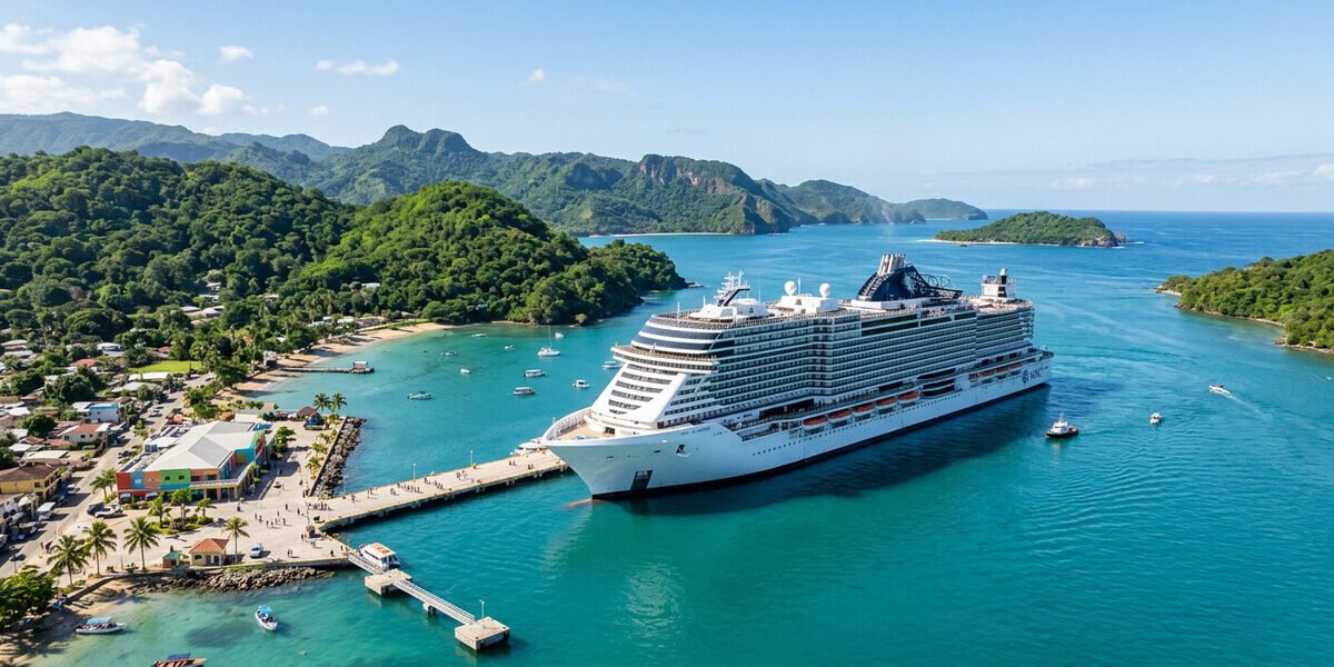 Crucero moderno atracado en un puerto tropical rodeado de colinas verdes en la bahia de Samana