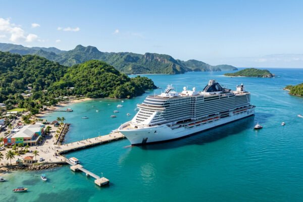 Crucero moderno atracado en un puerto tropical rodeado de colinas verdes en la bahia de Samana