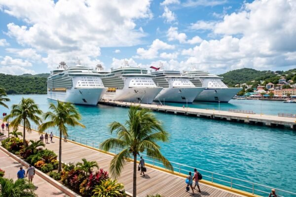 Varios cruceros de pasajeros atracados en un puerto del Caribe