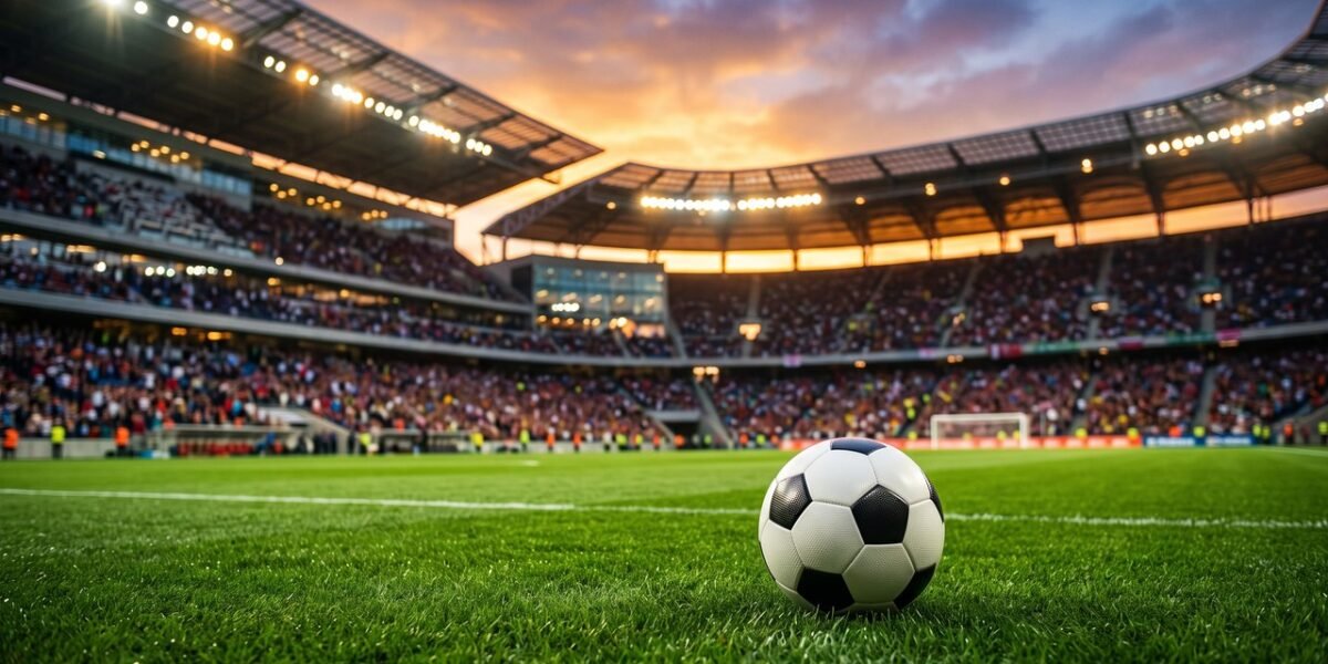 Balón de fútbol sobre el césped de un estadio iluminado al atardecer