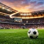 Balón de fútbol sobre el césped de un estadio iluminado al atardecer