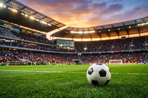 Balón de fútbol sobre el césped de un estadio iluminado al atardecer