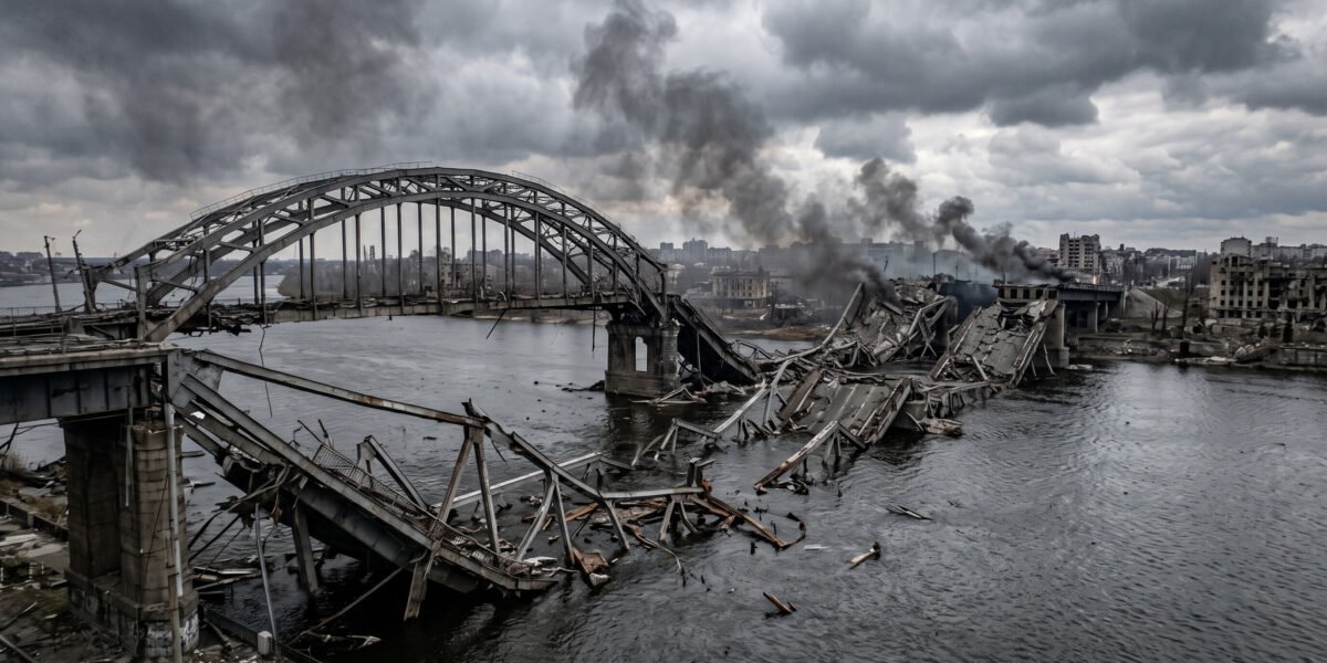 Conceptual de puente urbano destruido y humeante