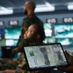 Militares trabajan en una sala de control con pantallas; uno sostiene una tableta con imágenes de vigilancia aérea