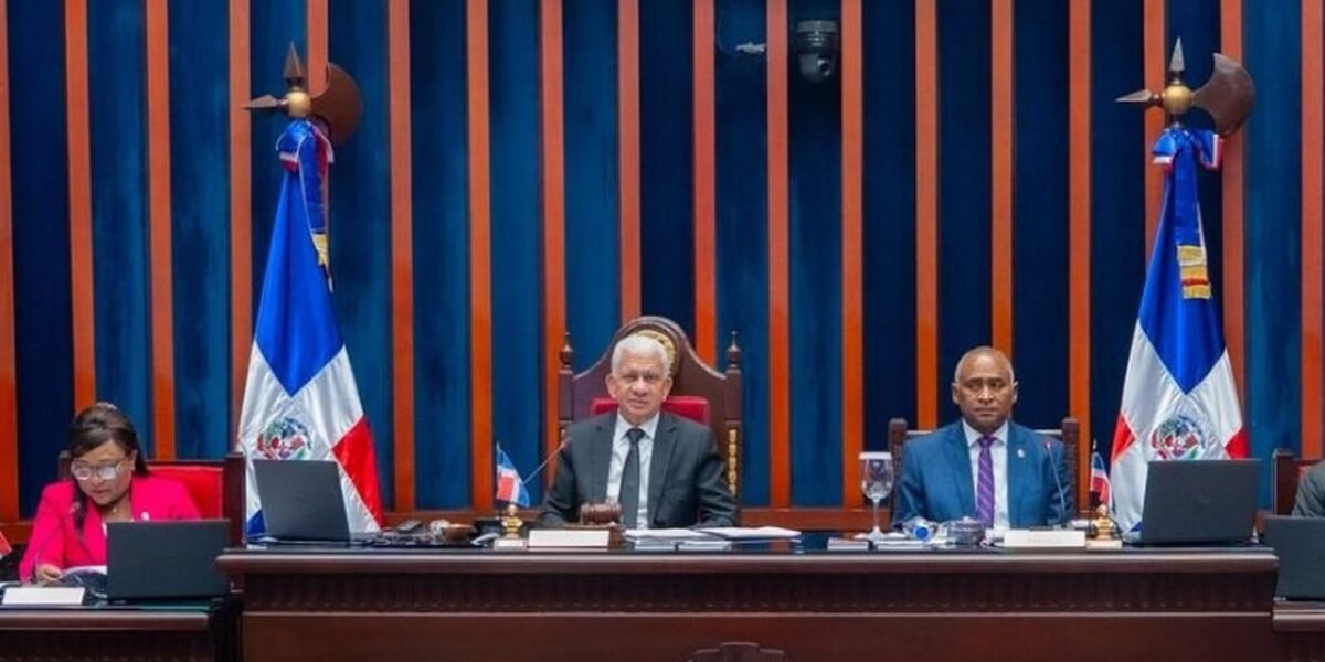 Integrantes de la mesa directiva del Senado dominicano sentados en el estrado durante una sesión, entre dos banderas dominicanas
